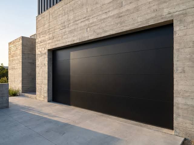Flat black panel garage door set in a concrete wall