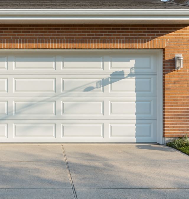 White paneled double garage door on a brick home