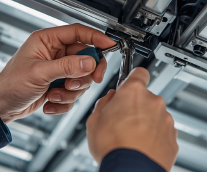 Technician’s hands working on garage door hardware