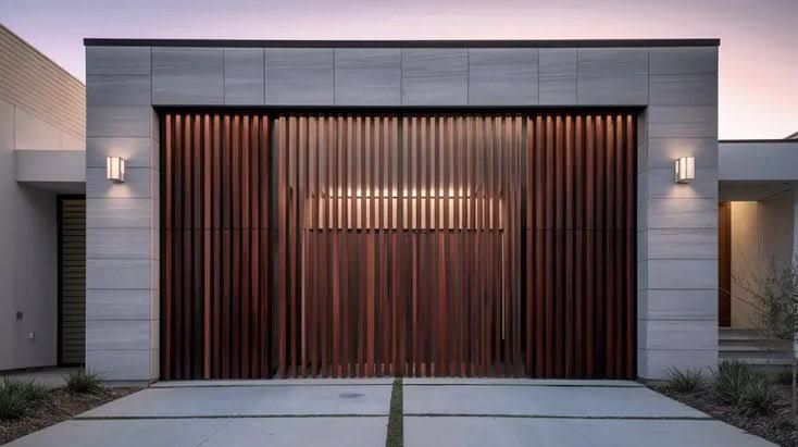Garage door with vertical timber-look slats